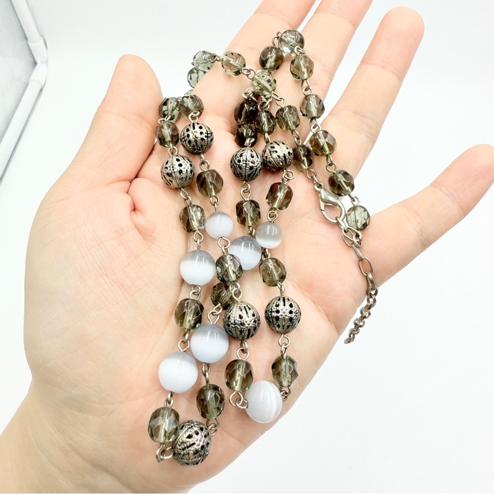 Tiger Eye Stone & Crystal Beaded Double-Strand Necklace Silver Filigree Accents - Picture 4 of 9